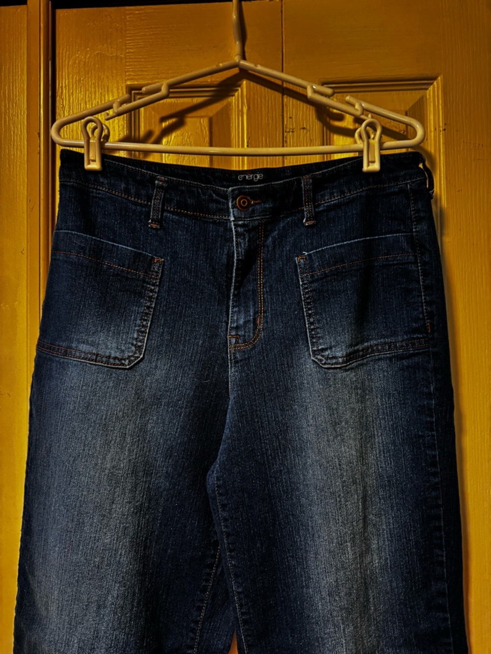 Upcycled Wide Leg Dark Blue Jeans with Embroidered Floral Cuff - Picture 7 of 8